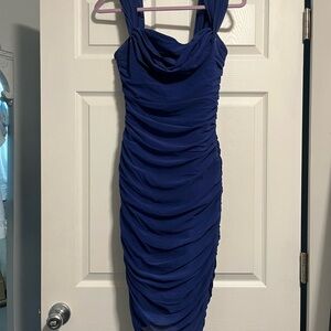 AKIRA Royal Blue Ruched Midi Dress